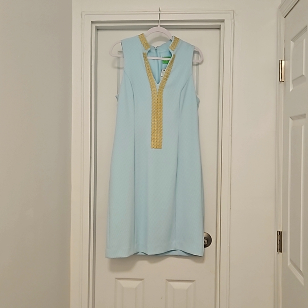 NWT Pappagallo Blue& Gold V- Neck Sheath Dress